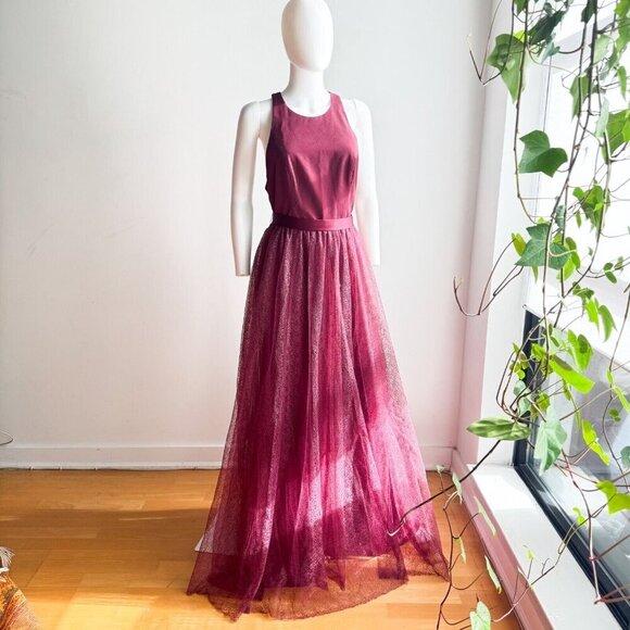 Vera Wang White Burgundy Lace Skirt open Back Maxi Gown 10 - Picture 2 of 10